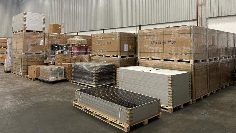 Modules stacked and strapped onto a pallet